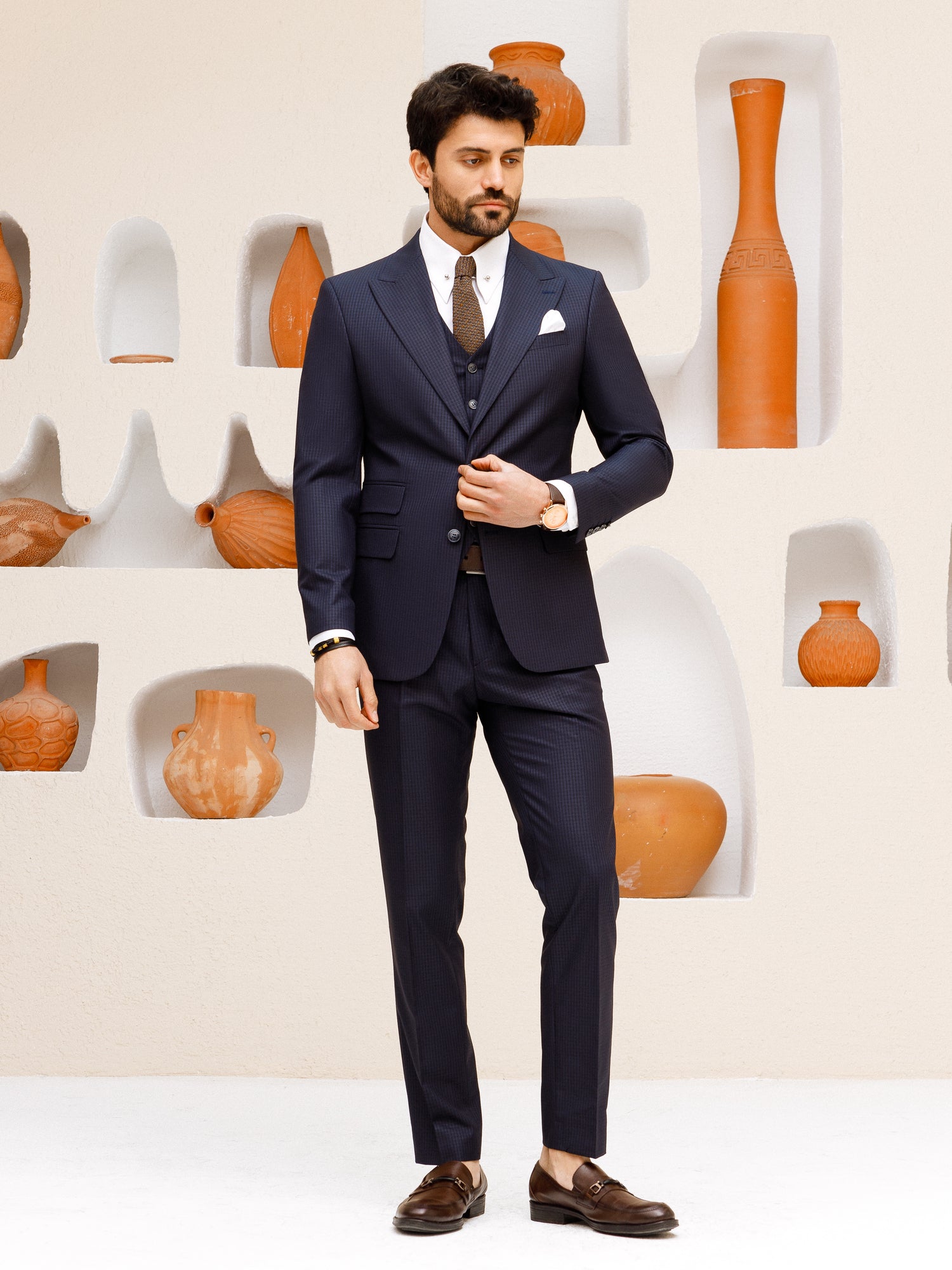 Navy Plaid Slim-Fit Suit 3-Piece