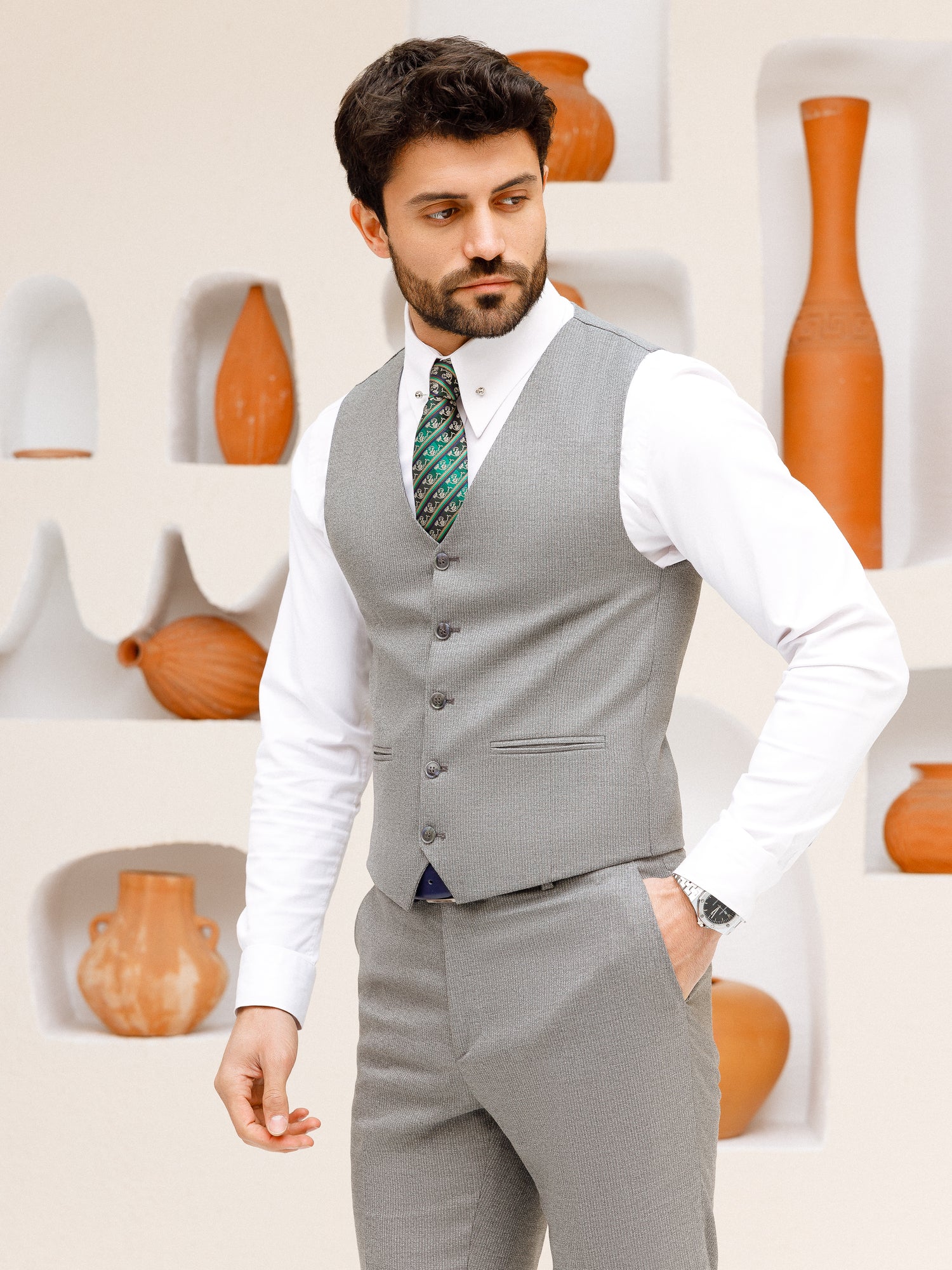 Grey Striped Slim-Fit Suit 3-Piece