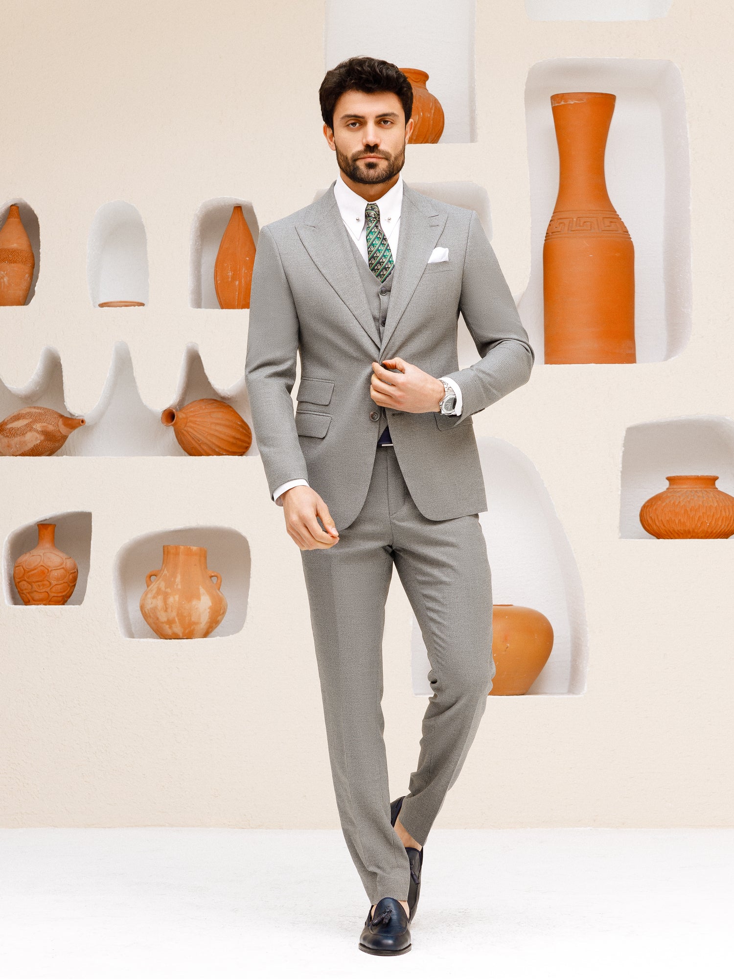 Grey Striped Slim-Fit Suit 3-Piece