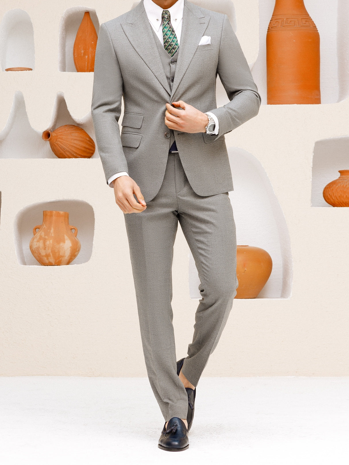 Grey Striped Slim-Fit Suit 3-Piece