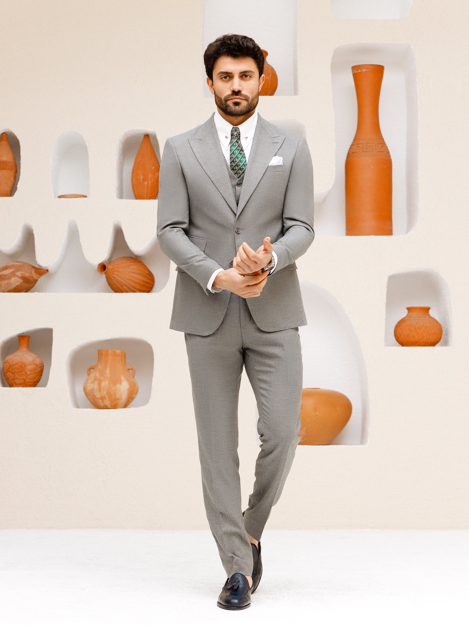 Grey Striped Slim-Fit Suit 3-Piece