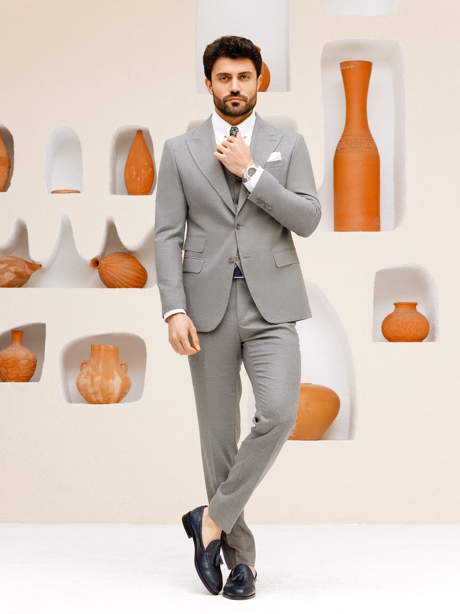 Grey Striped Slim-Fit Suit 3-Piece
