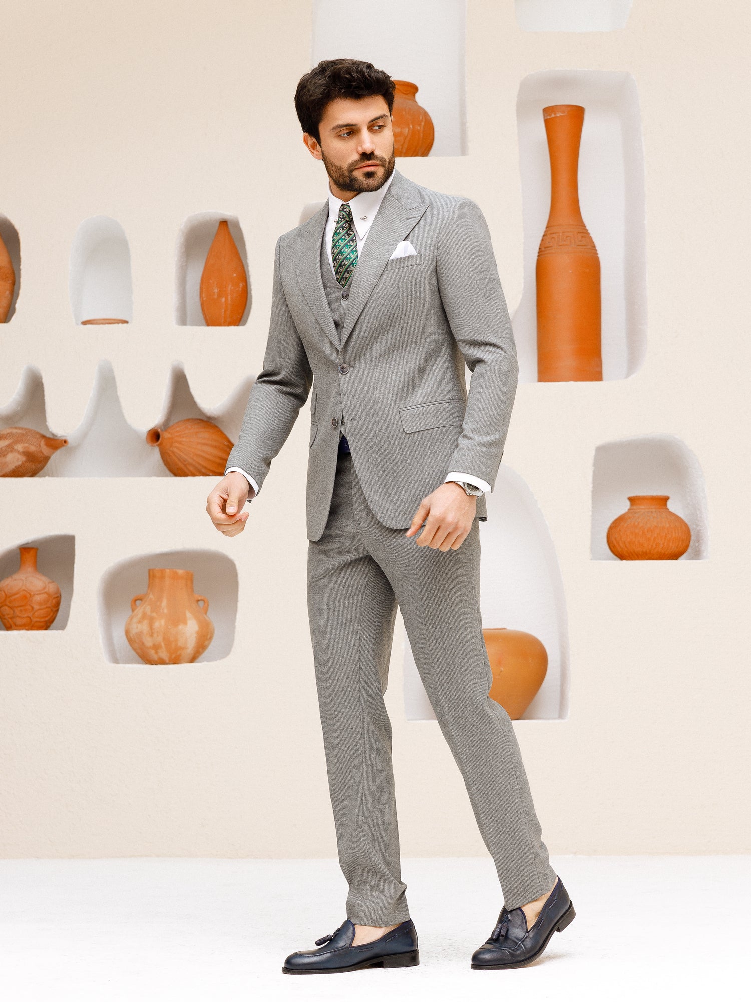 Grey Striped Slim-Fit Suit 3-Piece