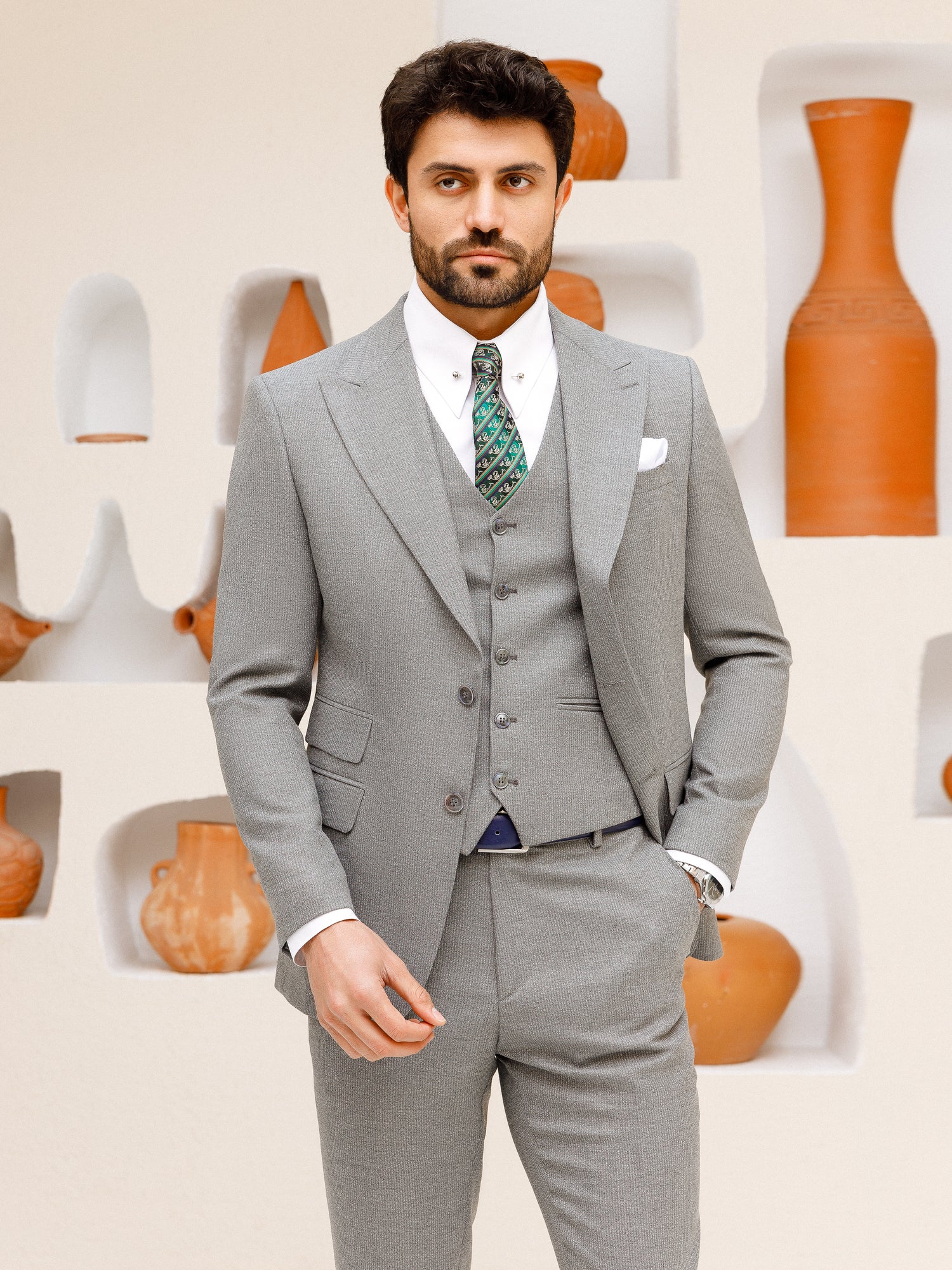 Grey Striped Slim-Fit Suit 3-Piece