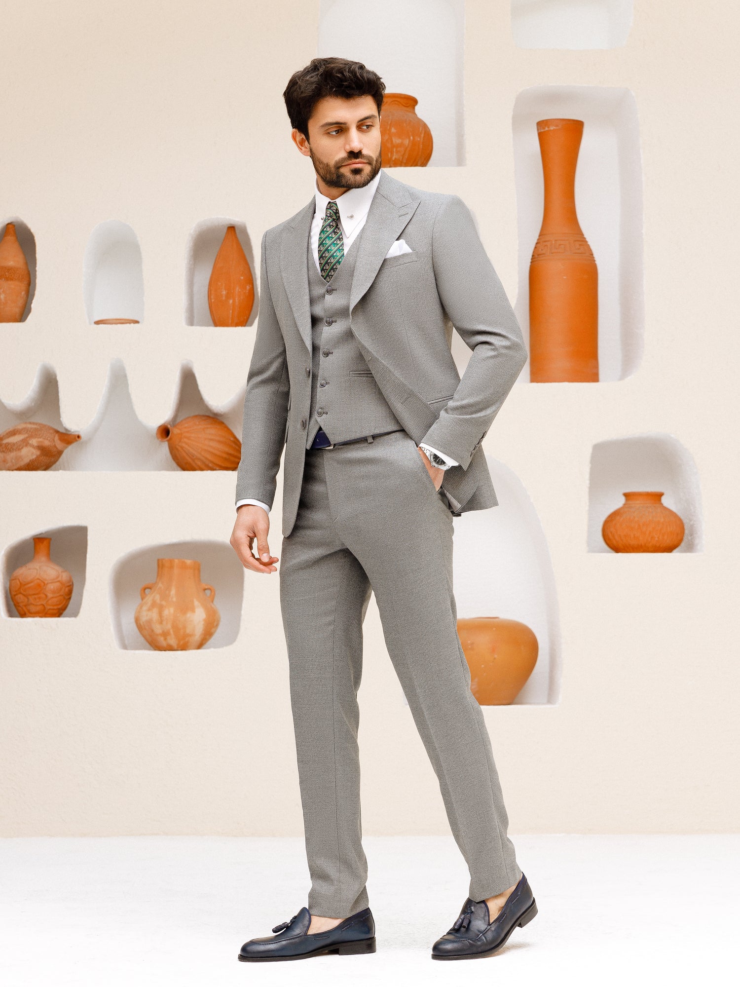 Grey Striped Slim-Fit Suit 3-Piece