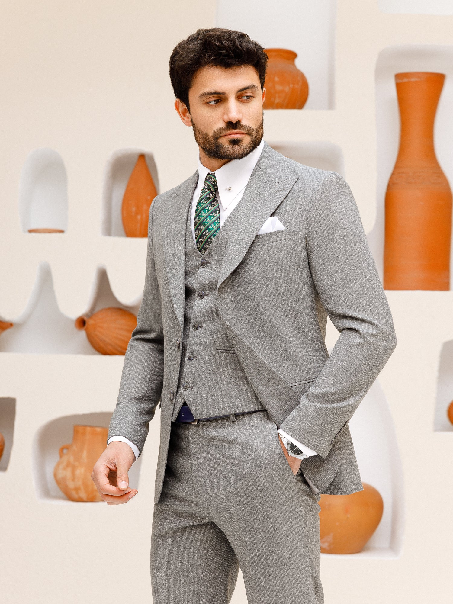 Grey Striped Slim-Fit Suit 3-Piece