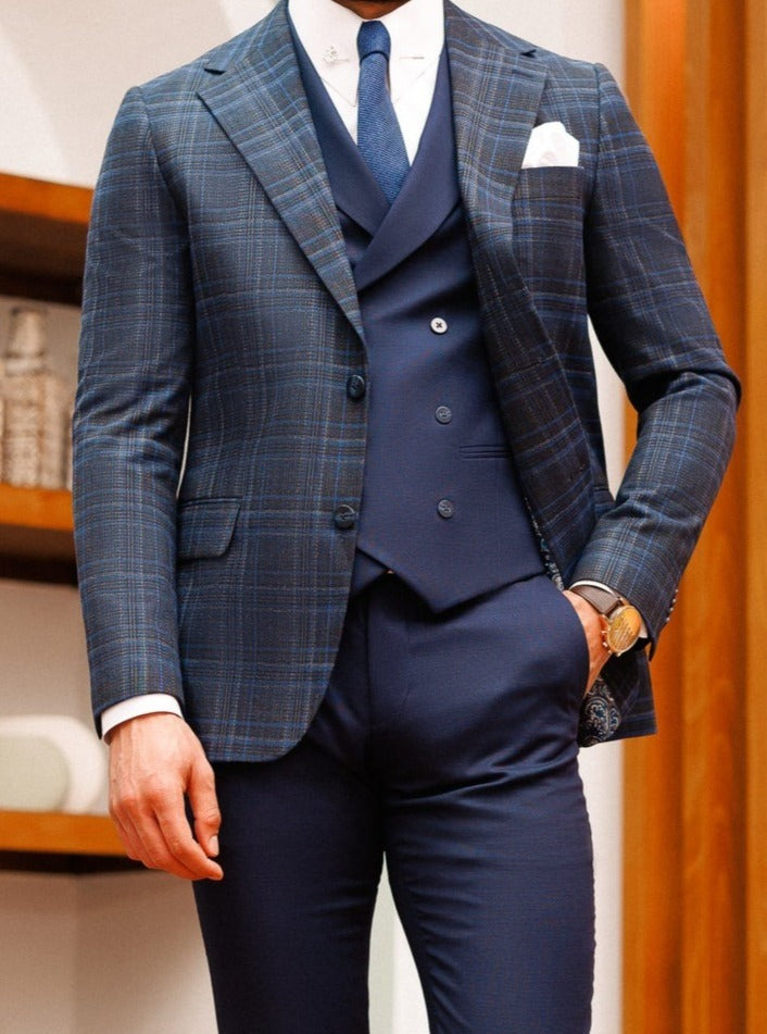 Navy Plaid Slim-Fit Suit 3-Piece