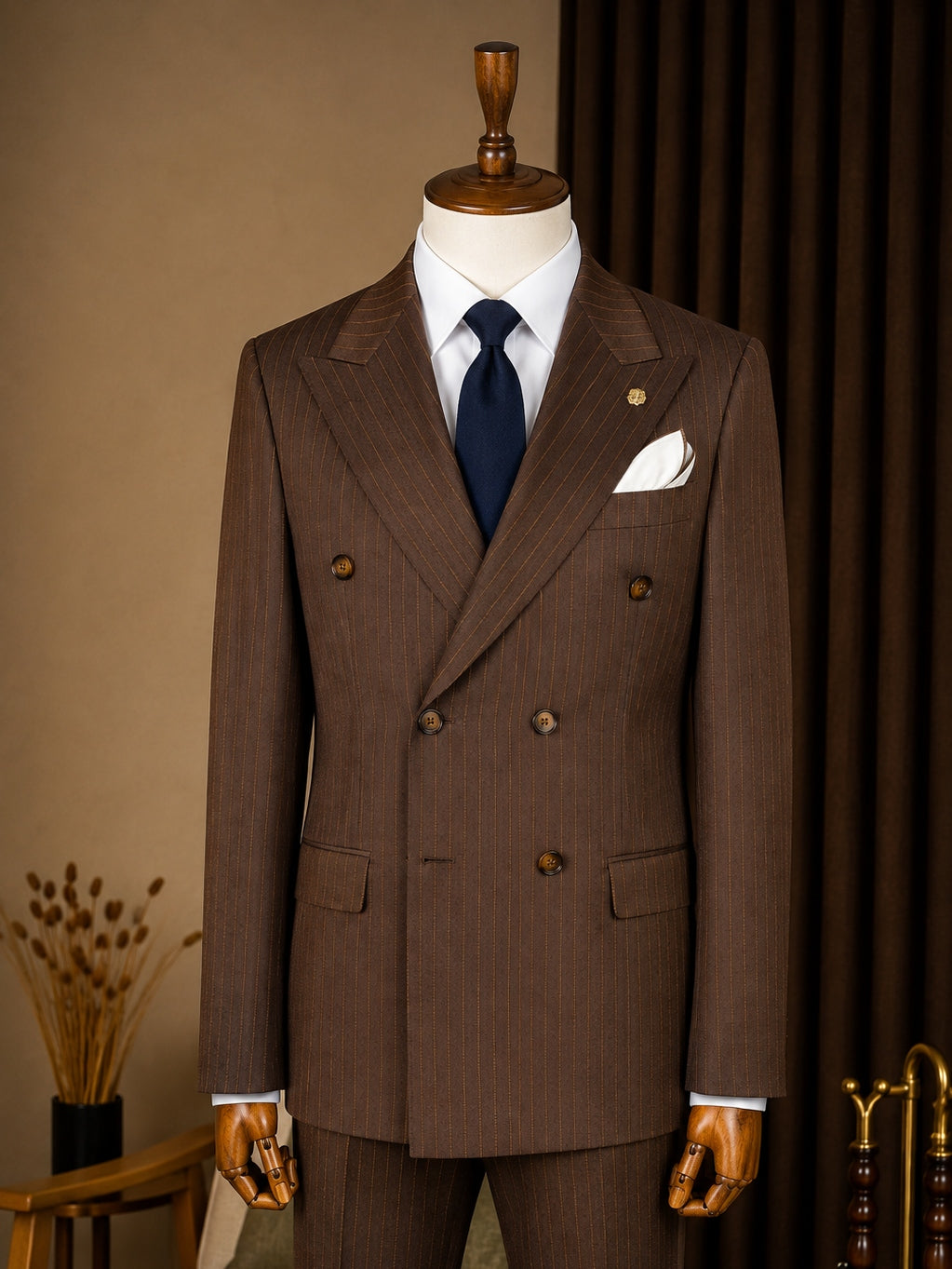 Brown Striped Double Breasted Suit 2-Piece