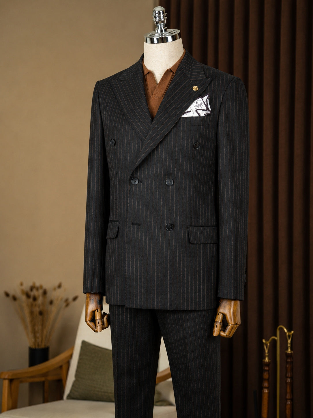 Black Striped Double Breasted Suit 2-Piece