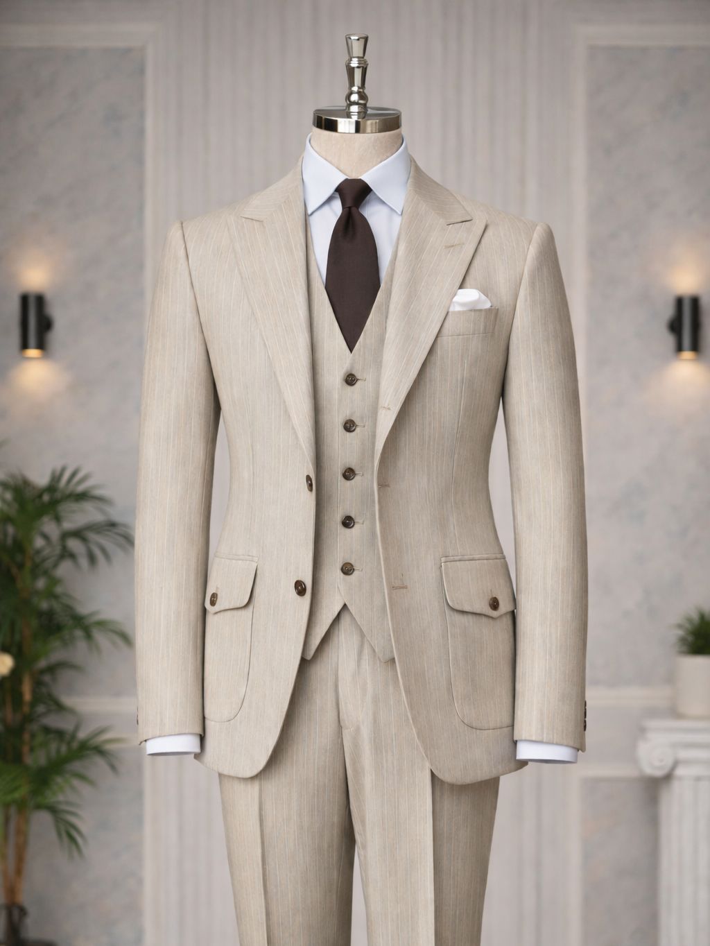 Beige Striped Slim-Fit Suit 3-Piece