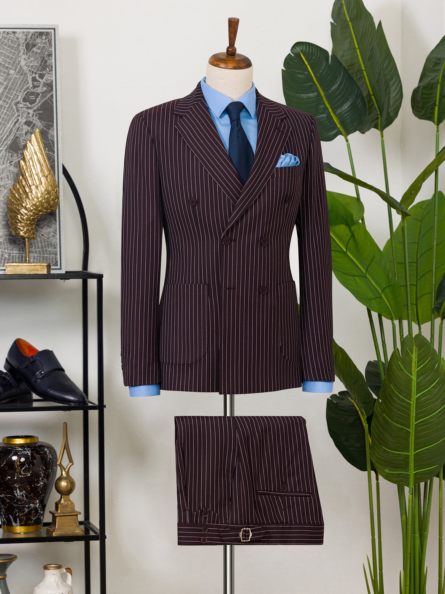 Bordeaux Striped Double Breasted Suit 2-Piece