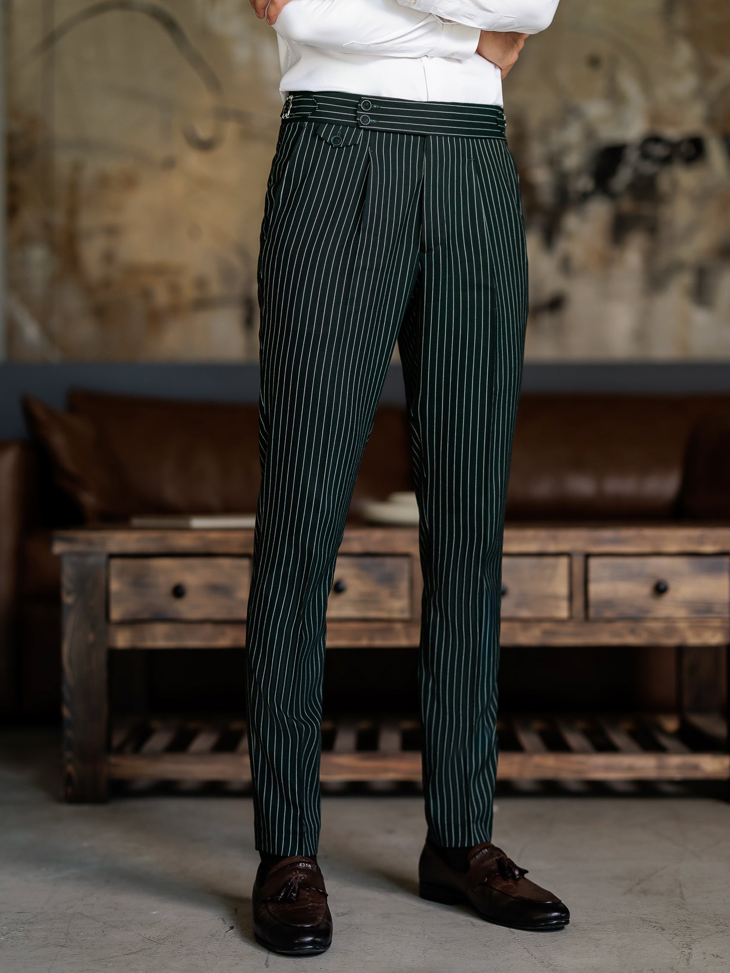 Green Striped Double Breasted Suit 2-Piece