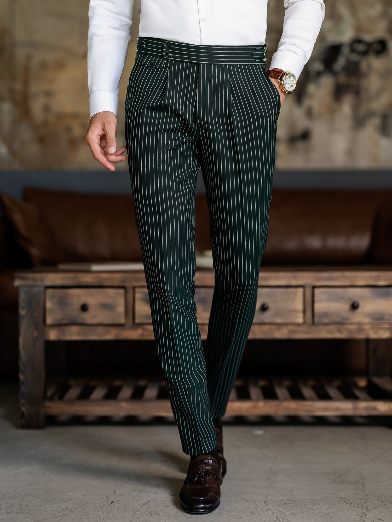 Green Striped Double Breasted Suit 2-Piece