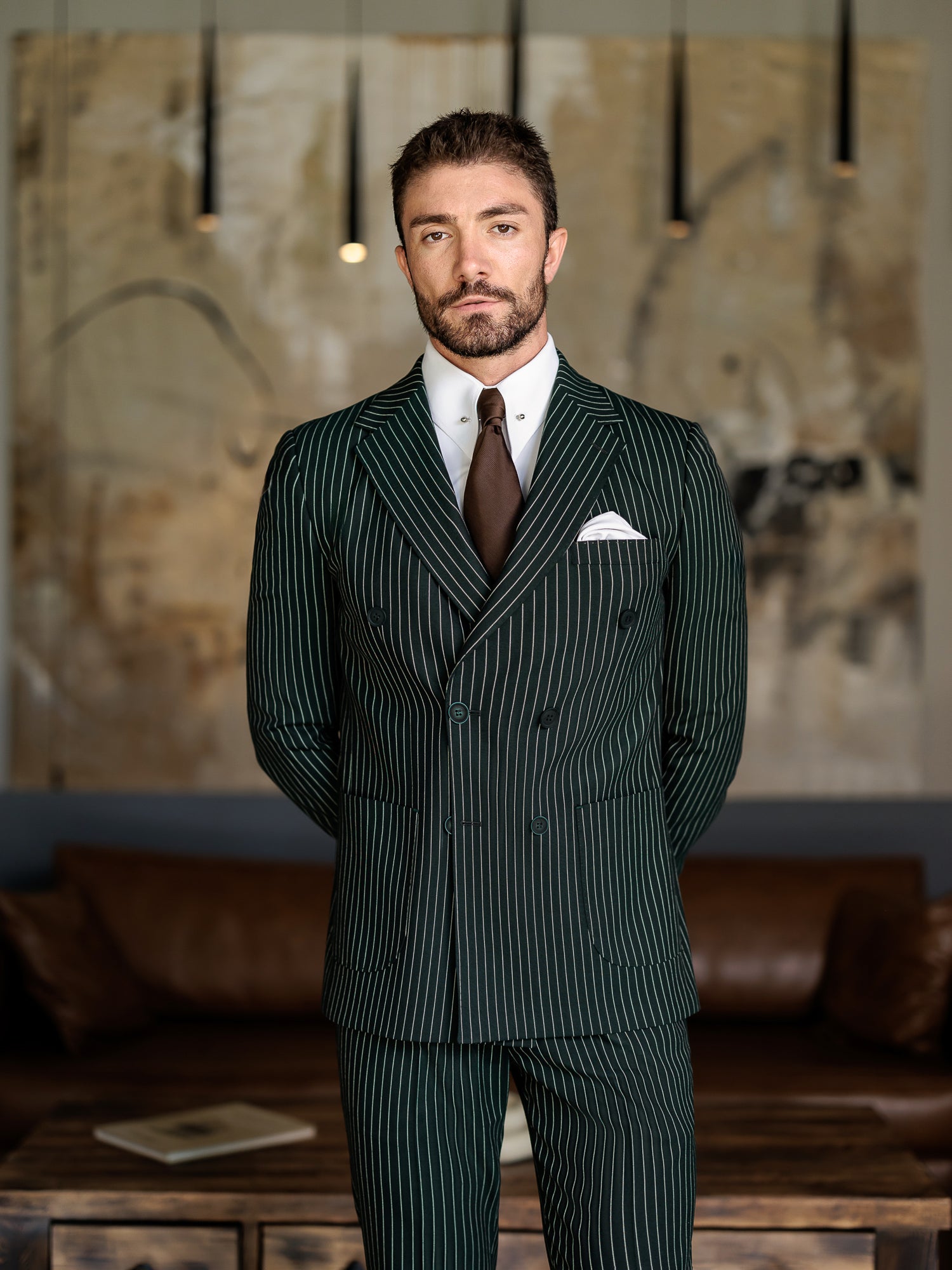 Green Striped Double Breasted Suit 2-Piece