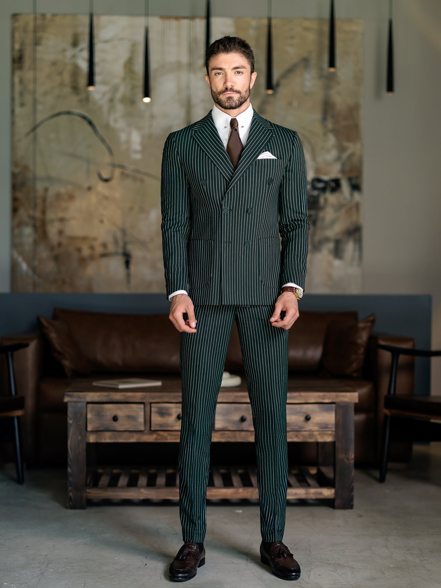 Green Striped Double Breasted Suit 2-Piece