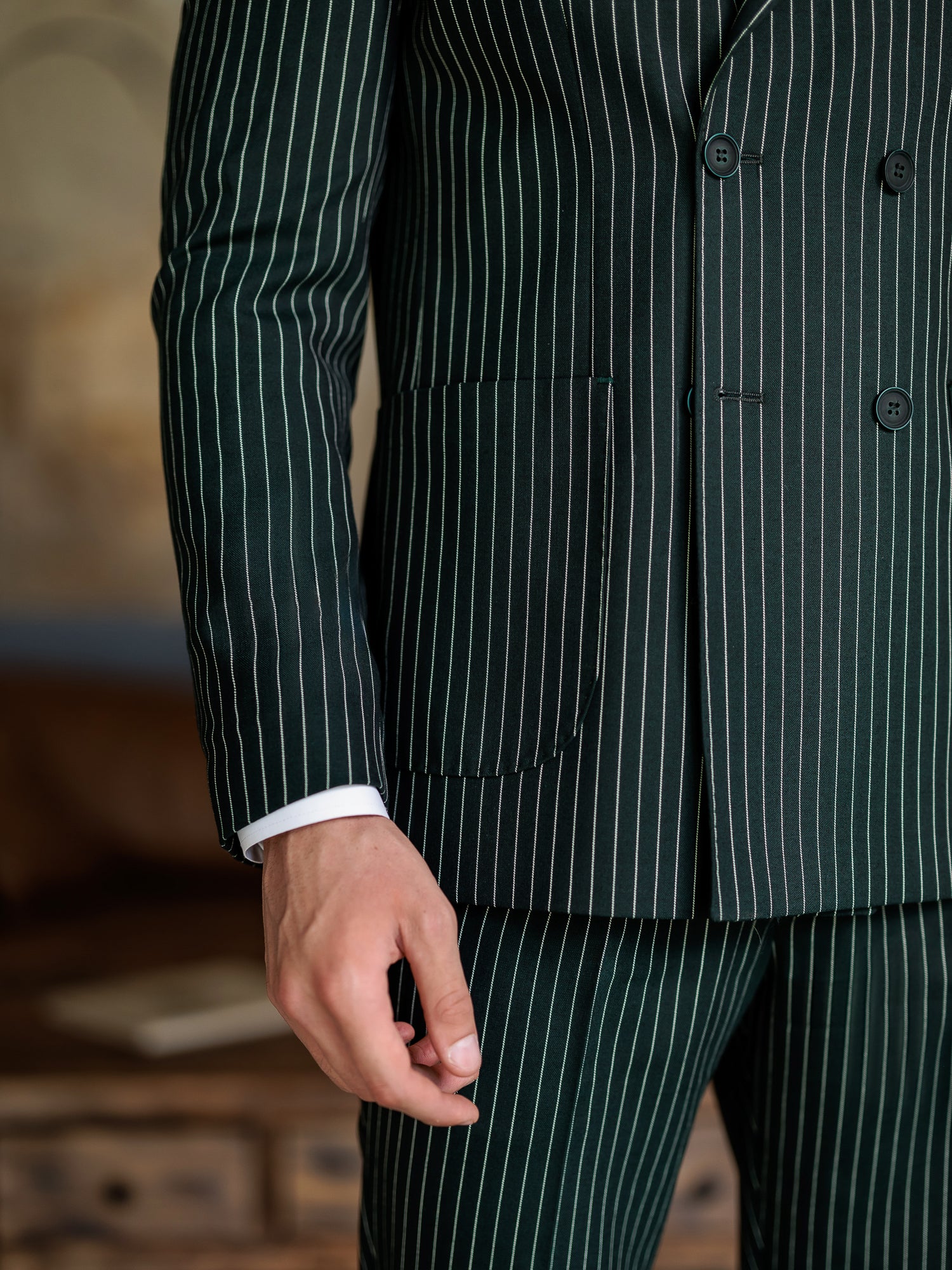 Green Striped Double Breasted Suit 2-Piece