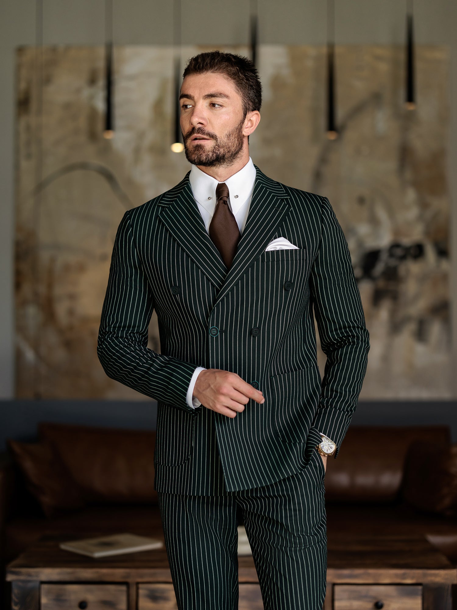 Green Striped Double Breasted Suit 2-Piece