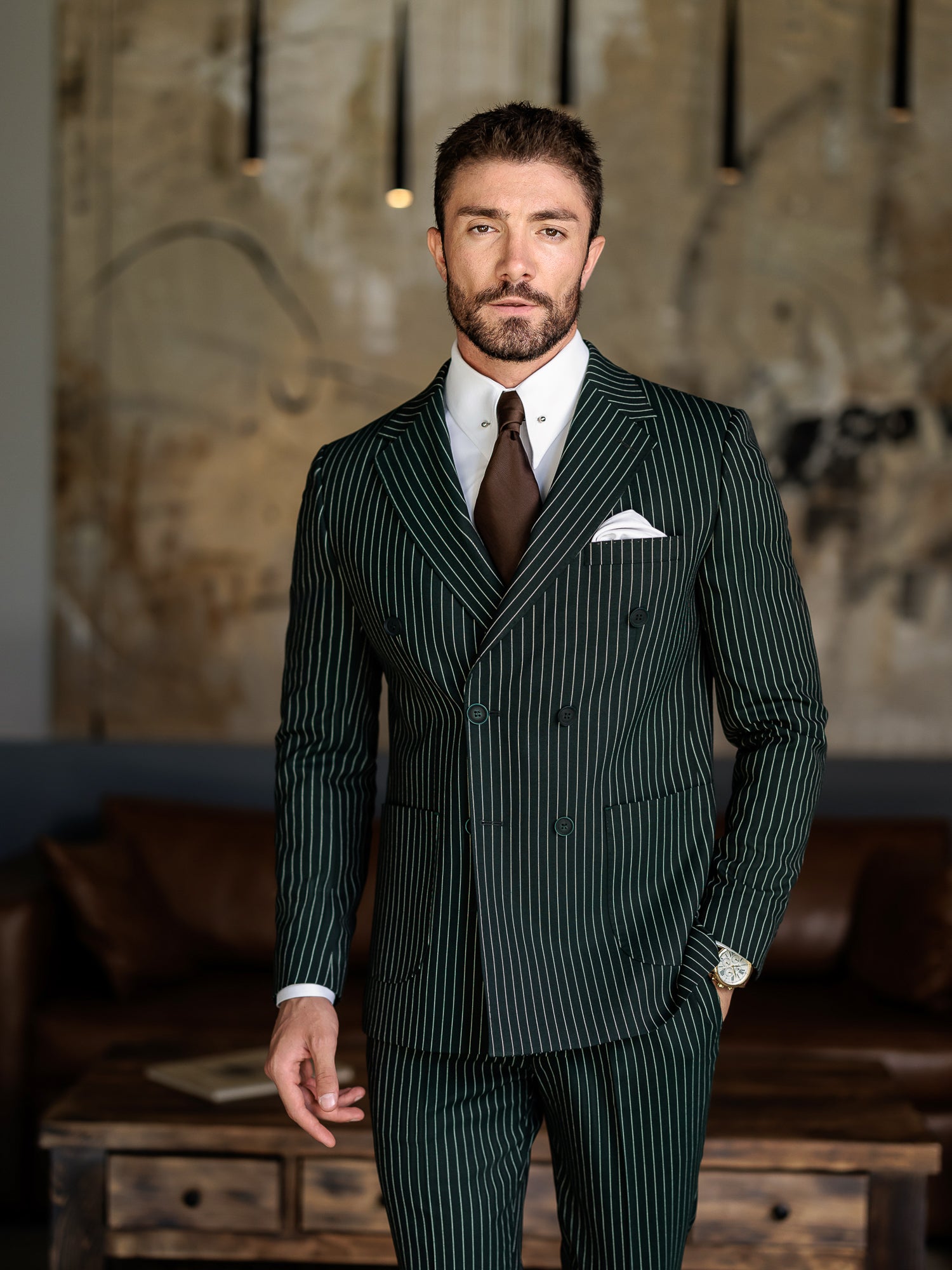 Green Striped Double Breasted Suit 2-Piece