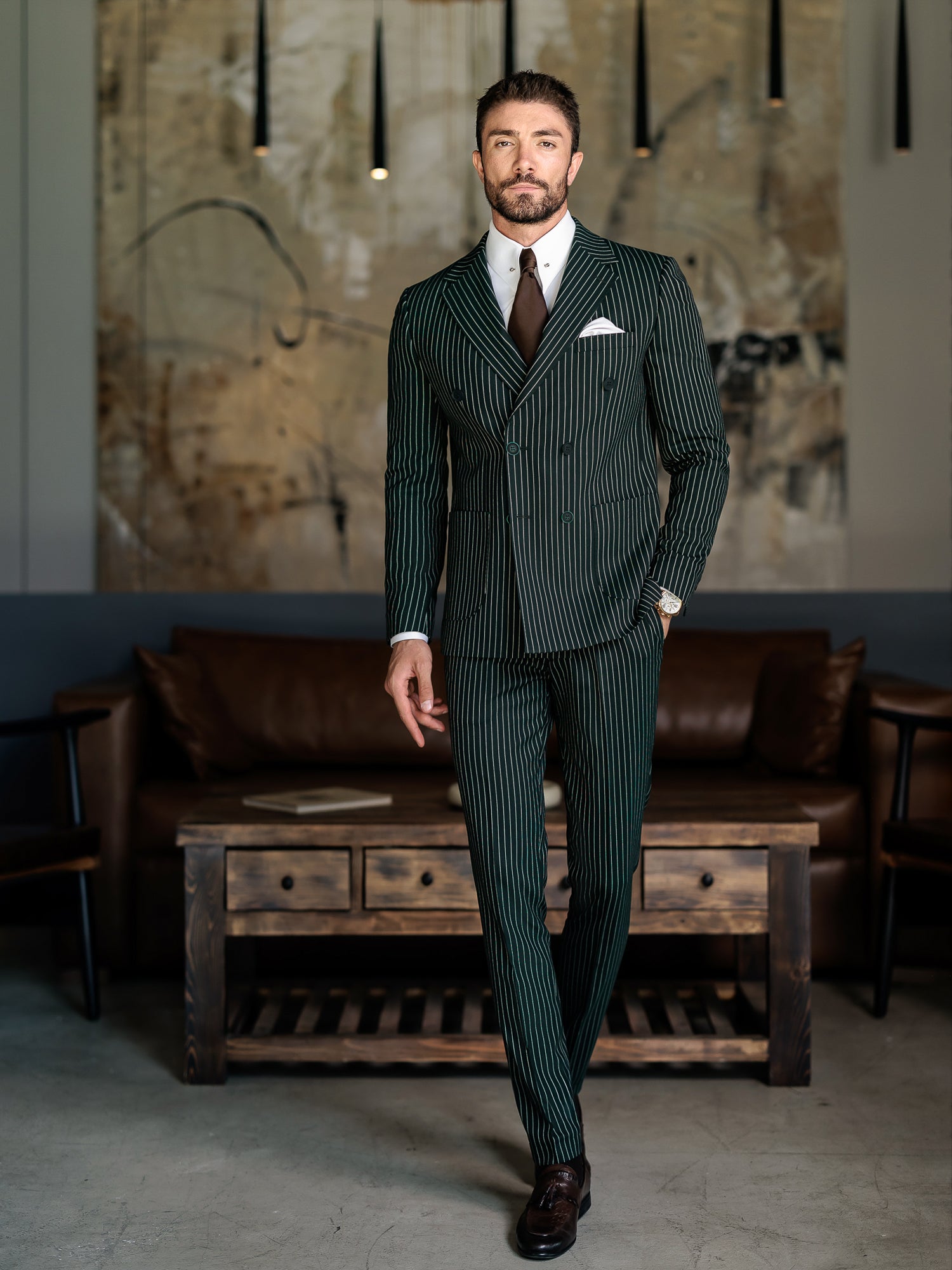 Green Striped Double Breasted Suit 2-Piece