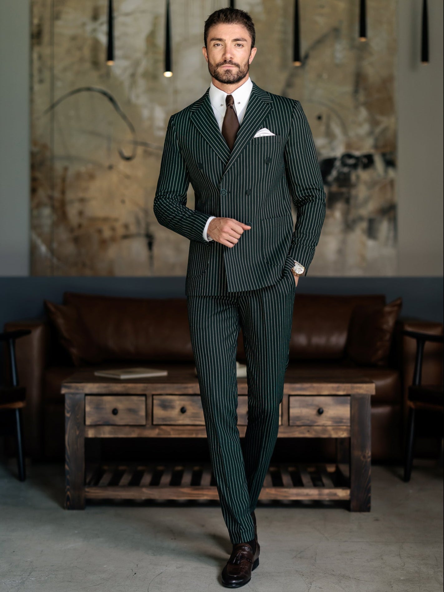 Green Striped Double Breasted Suit 2-Piece