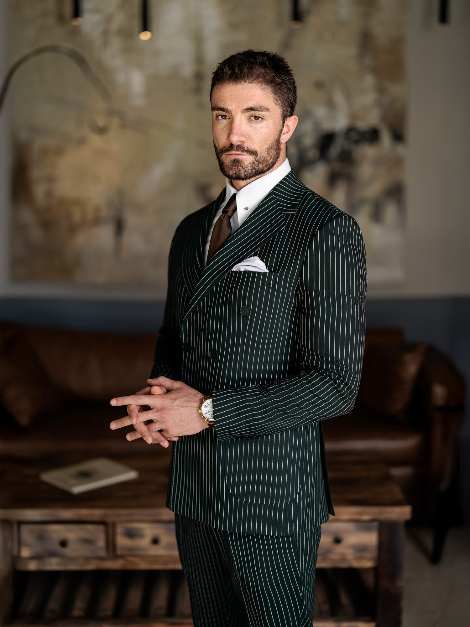 Green Striped Double Breasted Suit 2-Piece