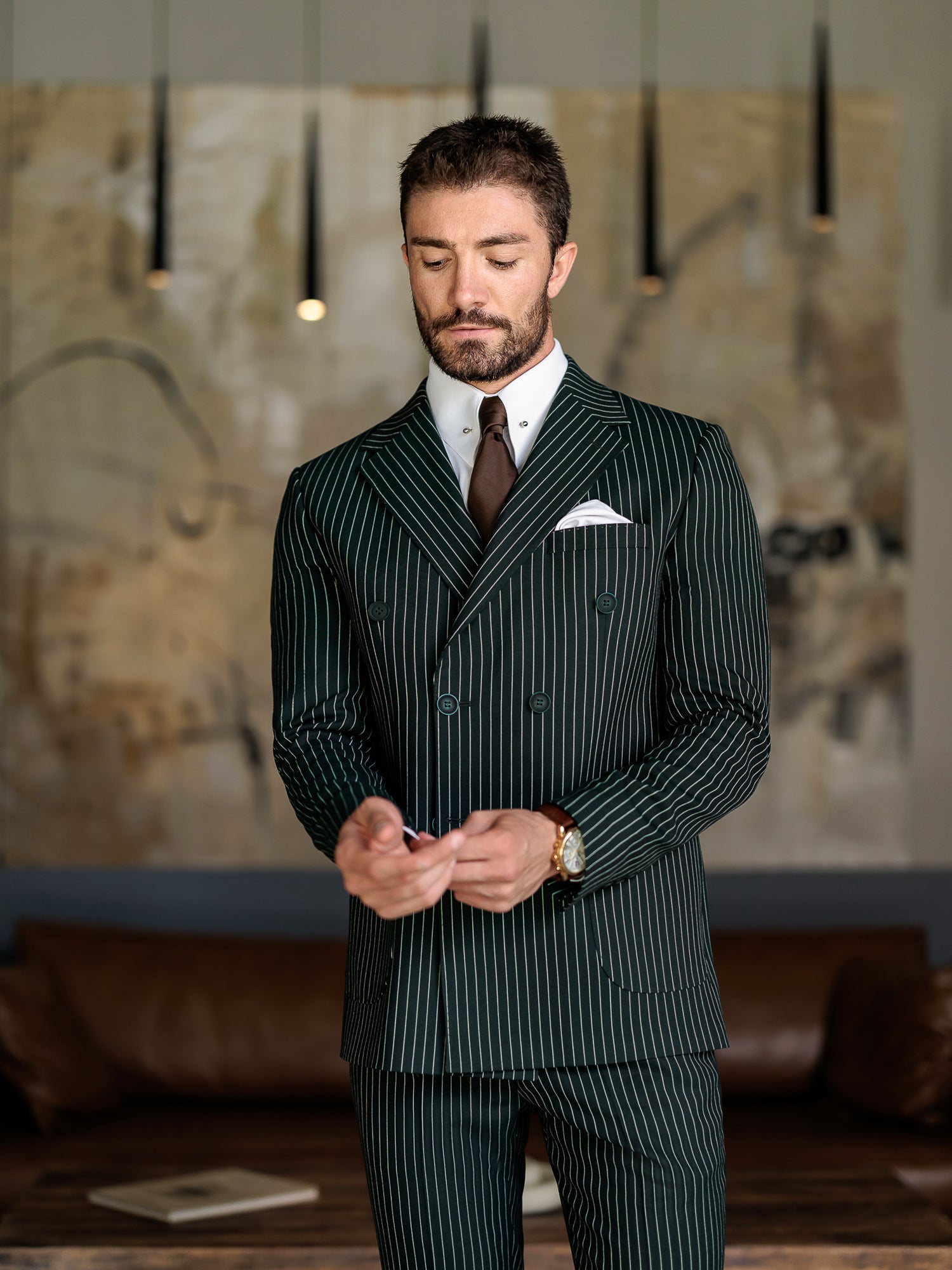 Green Striped Double Breasted Suit 2-Piece