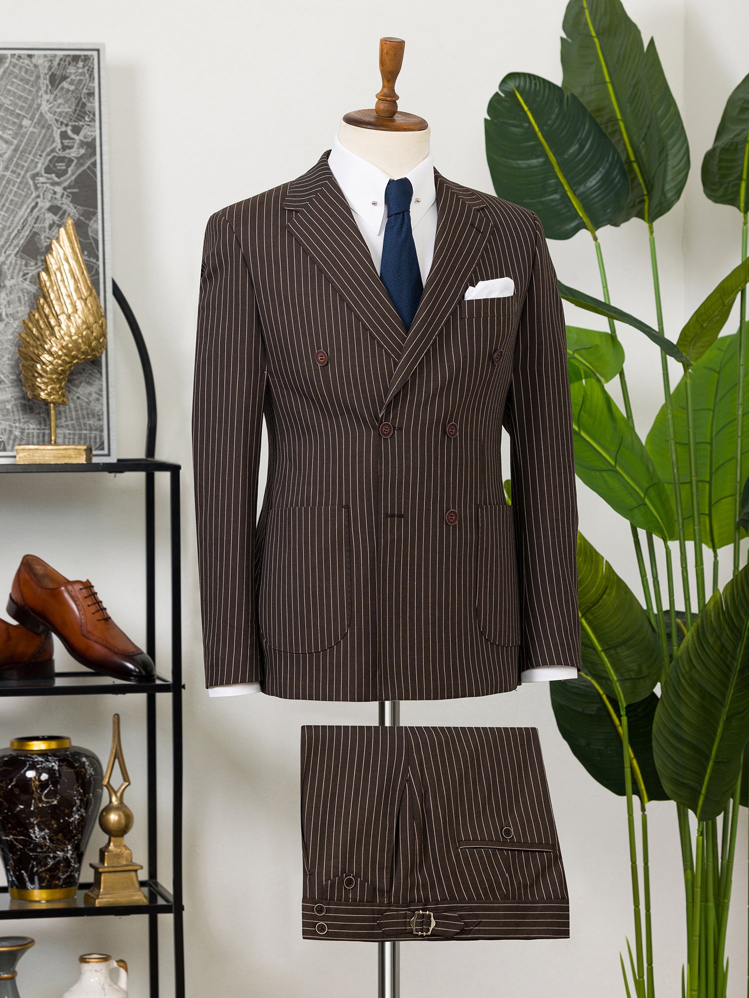 Brown Striped Double Breasted Suit 2-Piece