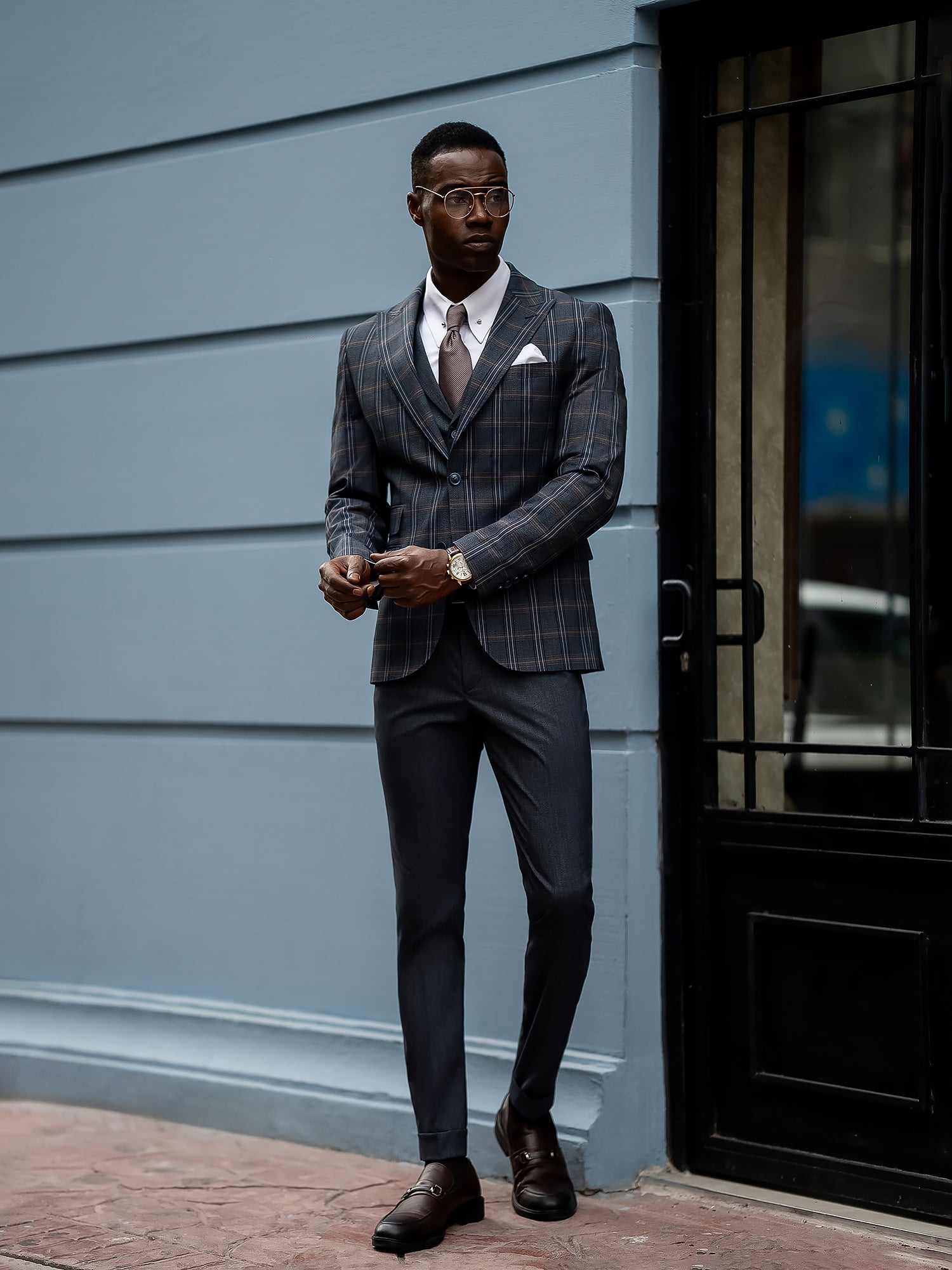 Navy Plaid Slim-Fit Suit 3-Piece