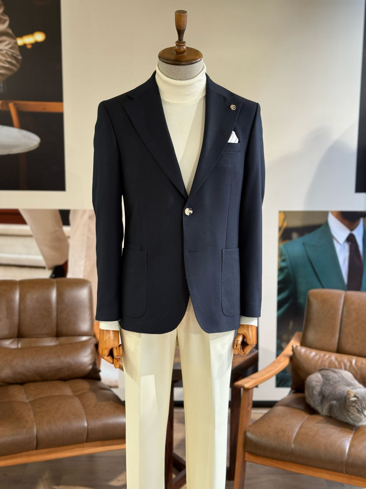 VIOSSI navy single breasted blazer men's jacket shown in front view - men double breasted blazer style