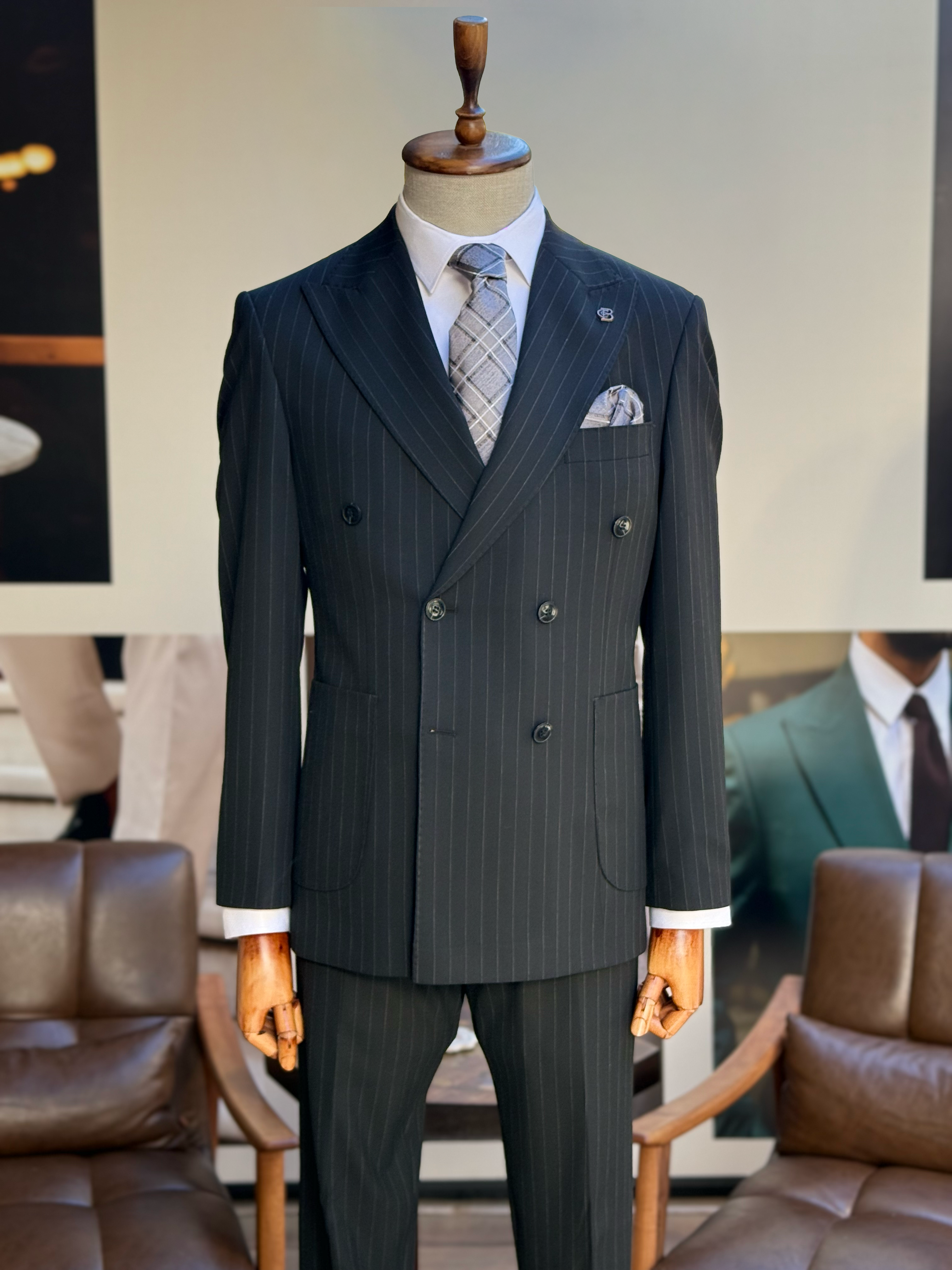 Black Striped Double Breasted Suit 2-Piece