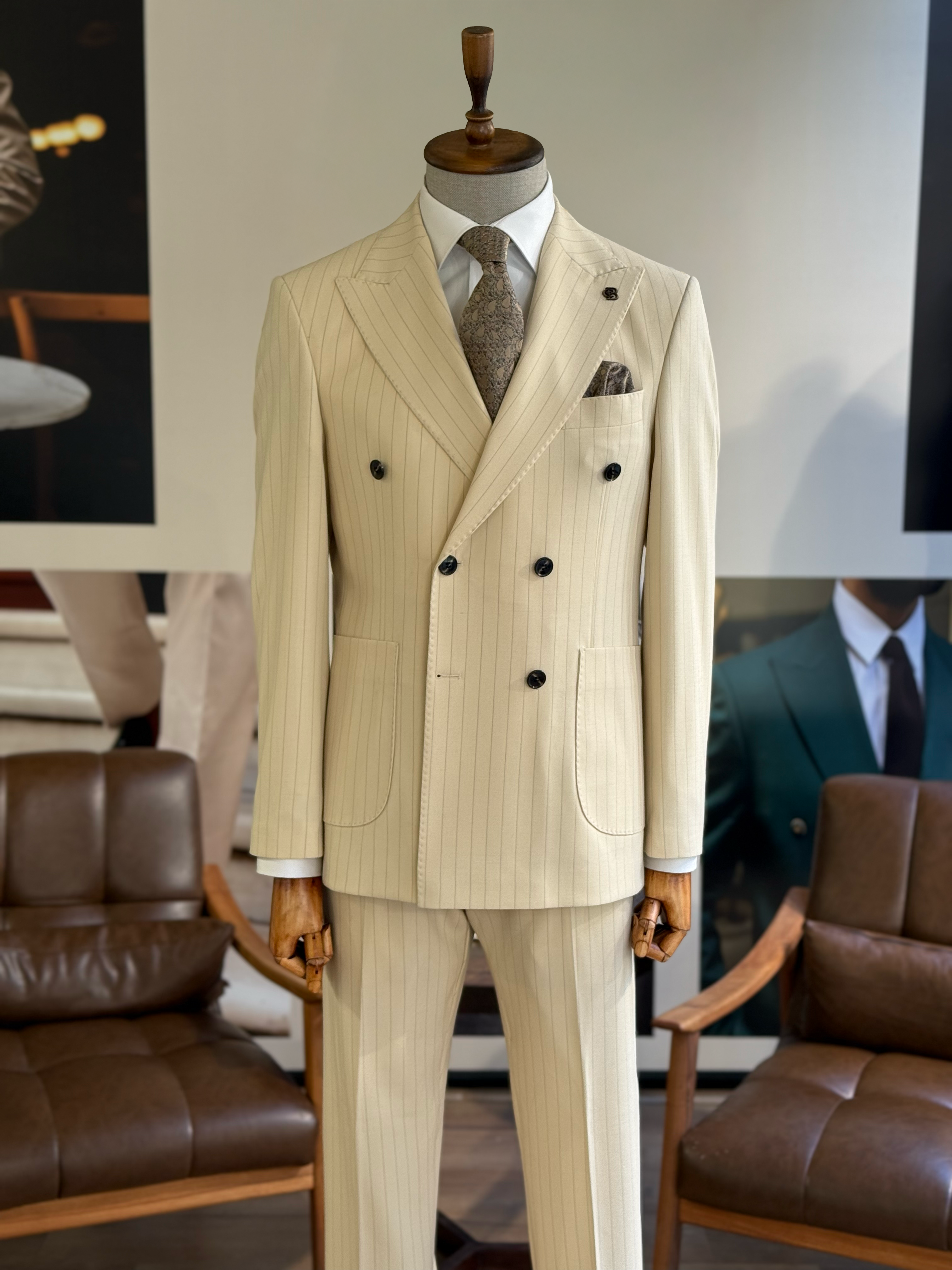 Camel Striped Double Breasted Suit 2-Piece