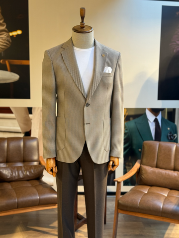 Brown Houndstooth Single Breasted Blazer