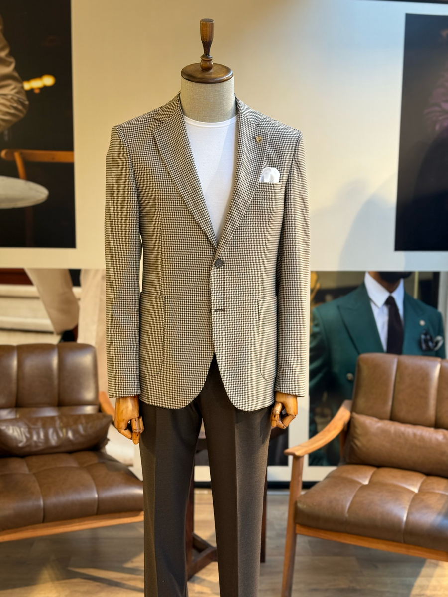VIOSSI brown houndstooth single breasted blazer front view - men double breasted blazer style menswear jacket