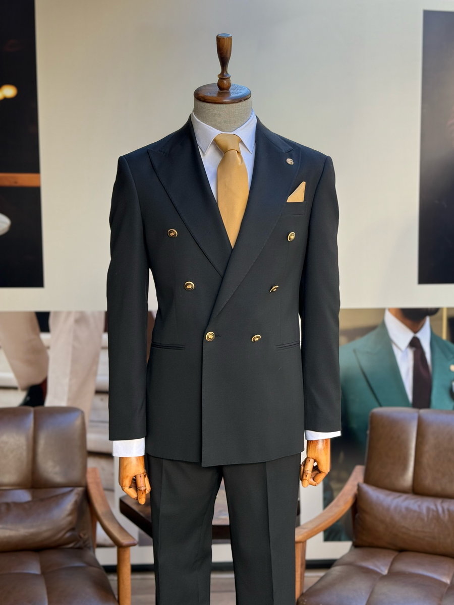 VIOSSI black tuxedo double breasted 2-piece suit front view with peak lapels and formal styling
