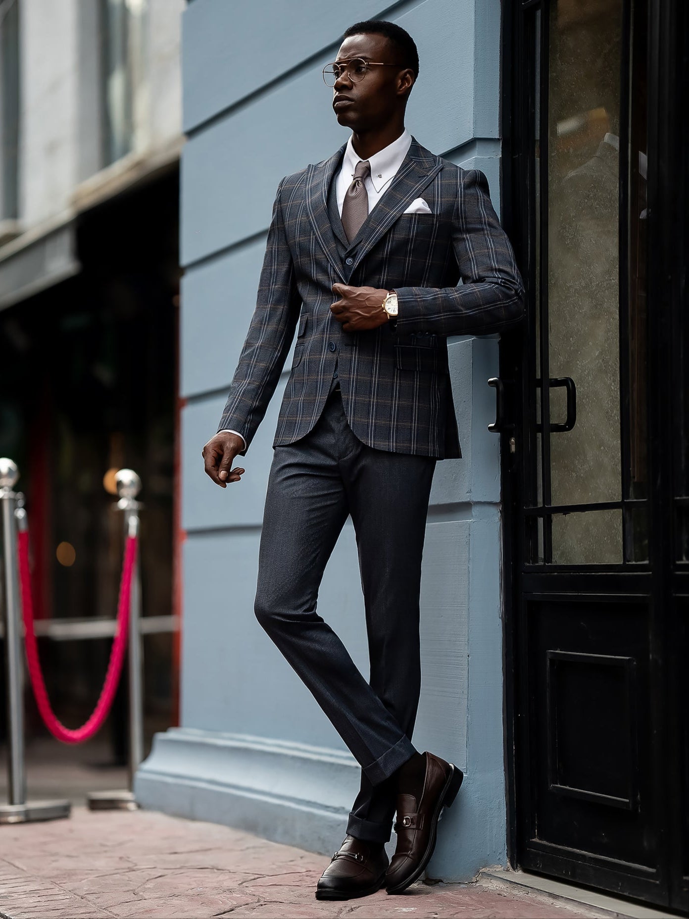 Navy Plaid Slim-Fit Suit 3-Piece