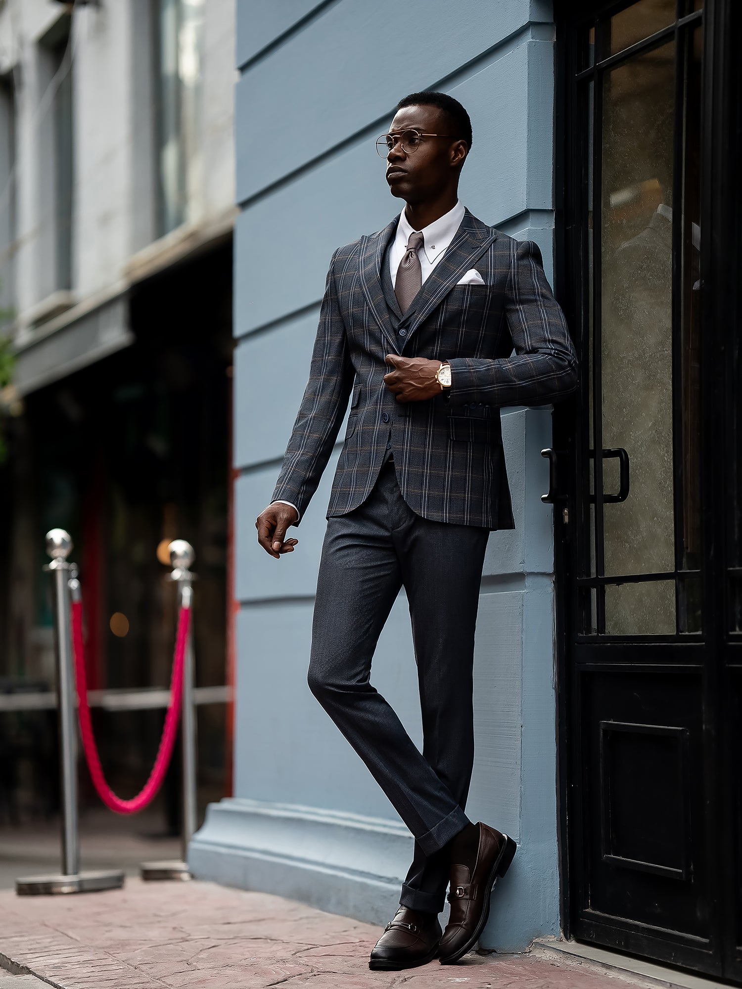 Navy Plaid Slim-Fit Suit 3-Piece