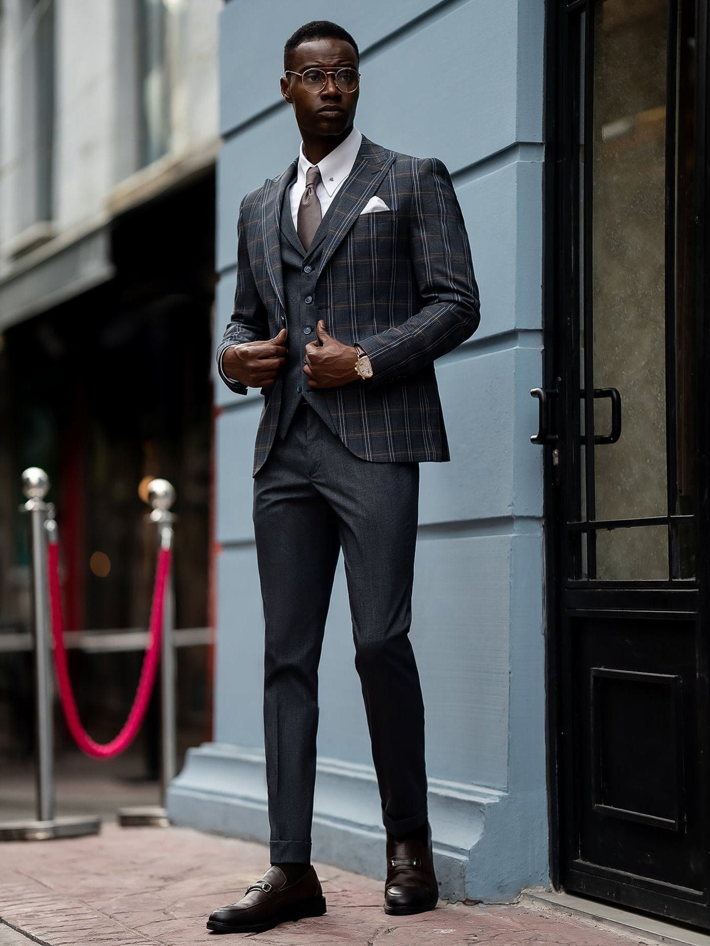 Navy Plaid Slim-Fit Suit 3-Piece