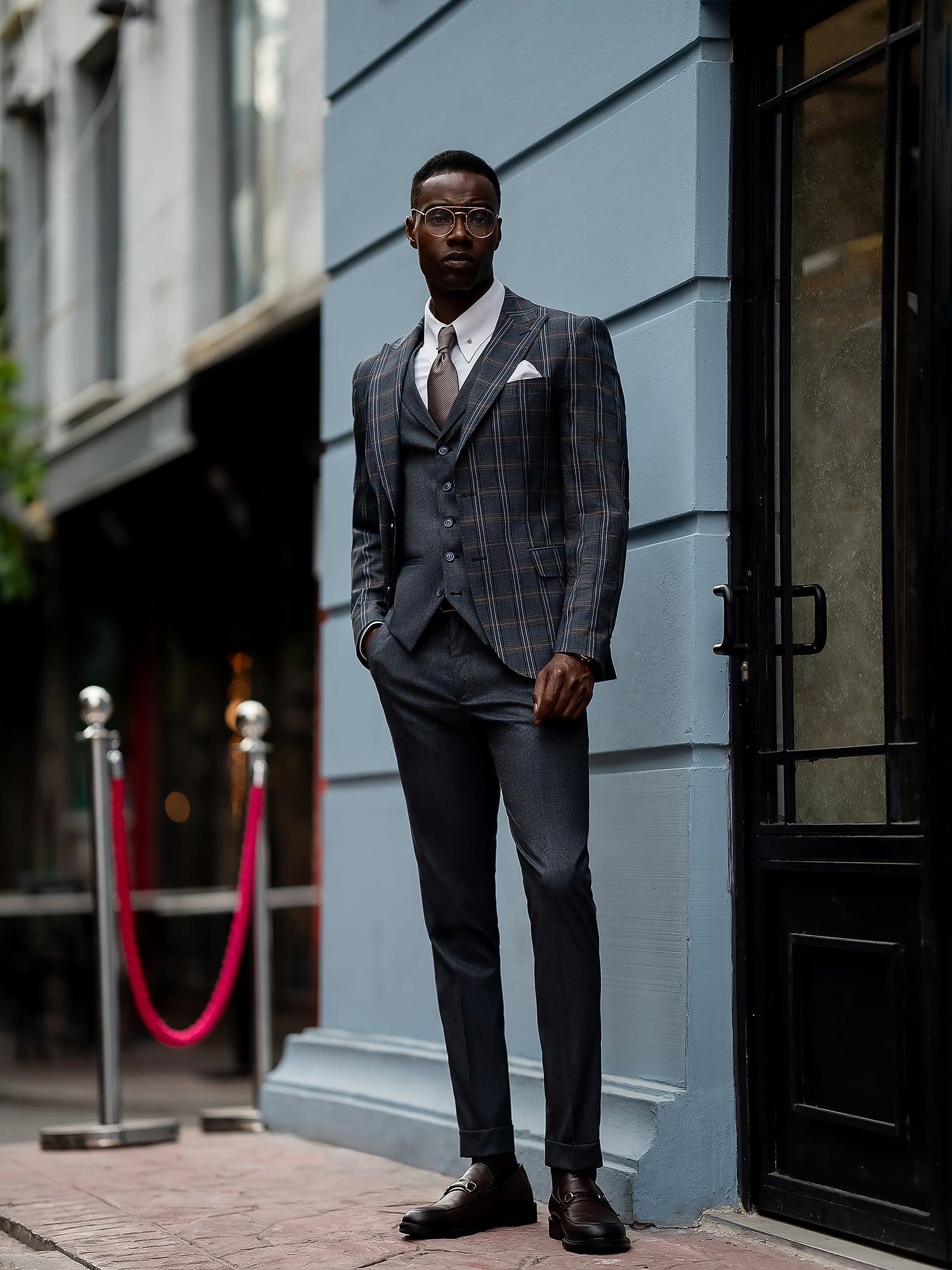 Navy Plaid Slim-Fit Suit 3-Piece