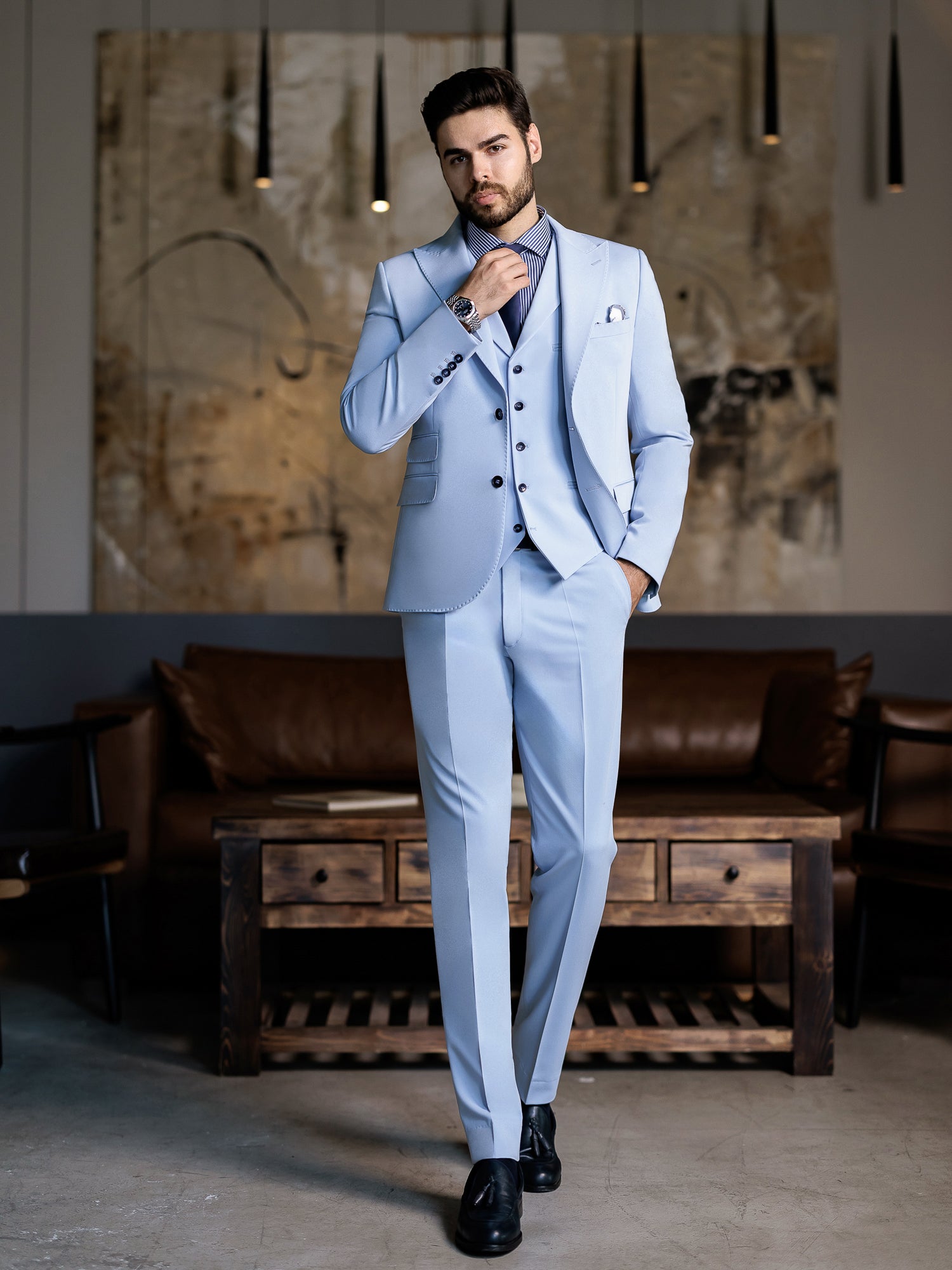 Sky-Blue Slim-Fit Suit 3-Piece