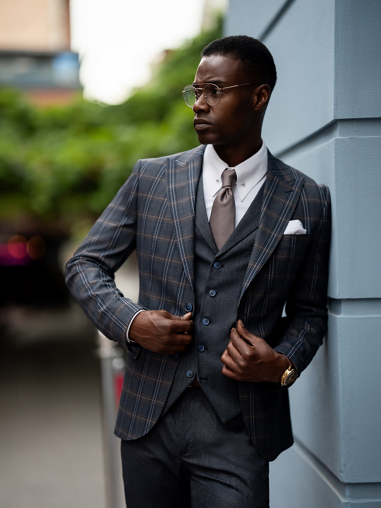 Navy Plaid Slim-Fit Suit 3-Piece