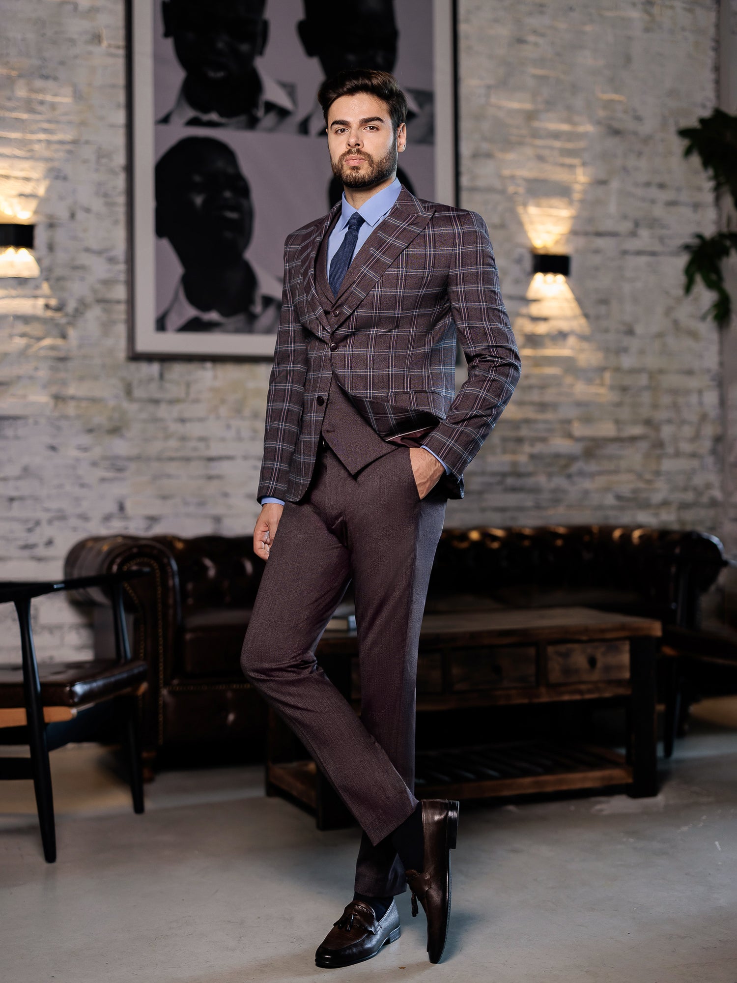 Bordeaux Plaid Slim-Fit Suit 3-Piece