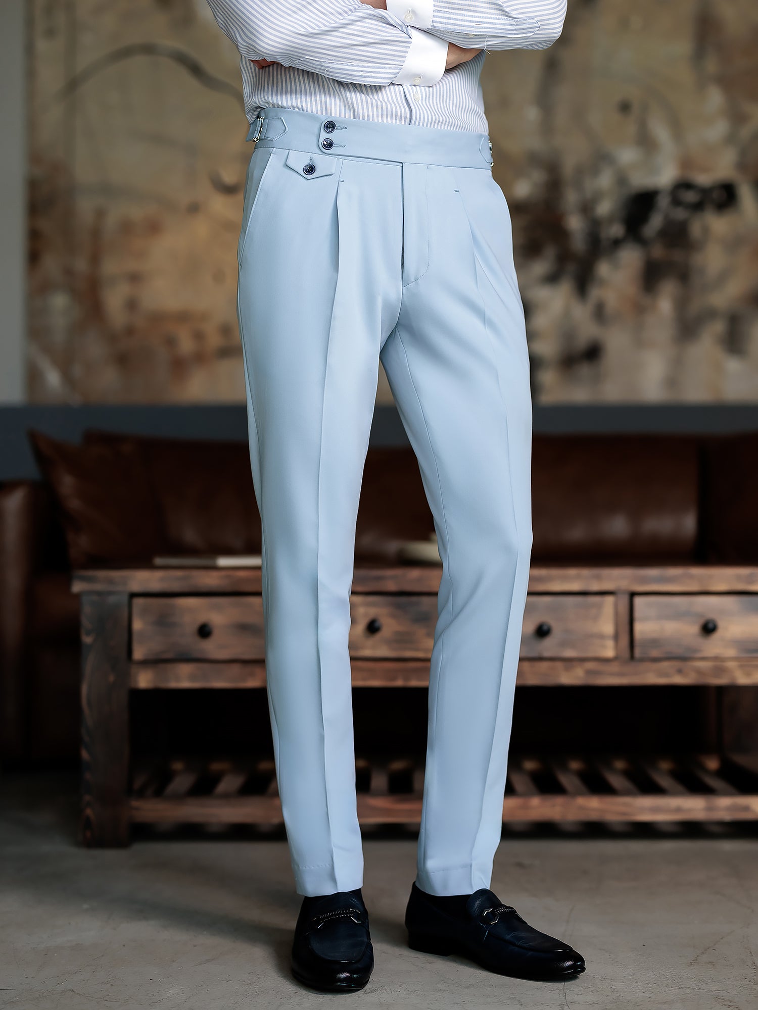 London Sky-Blue High Waist Slim-Fit Pants