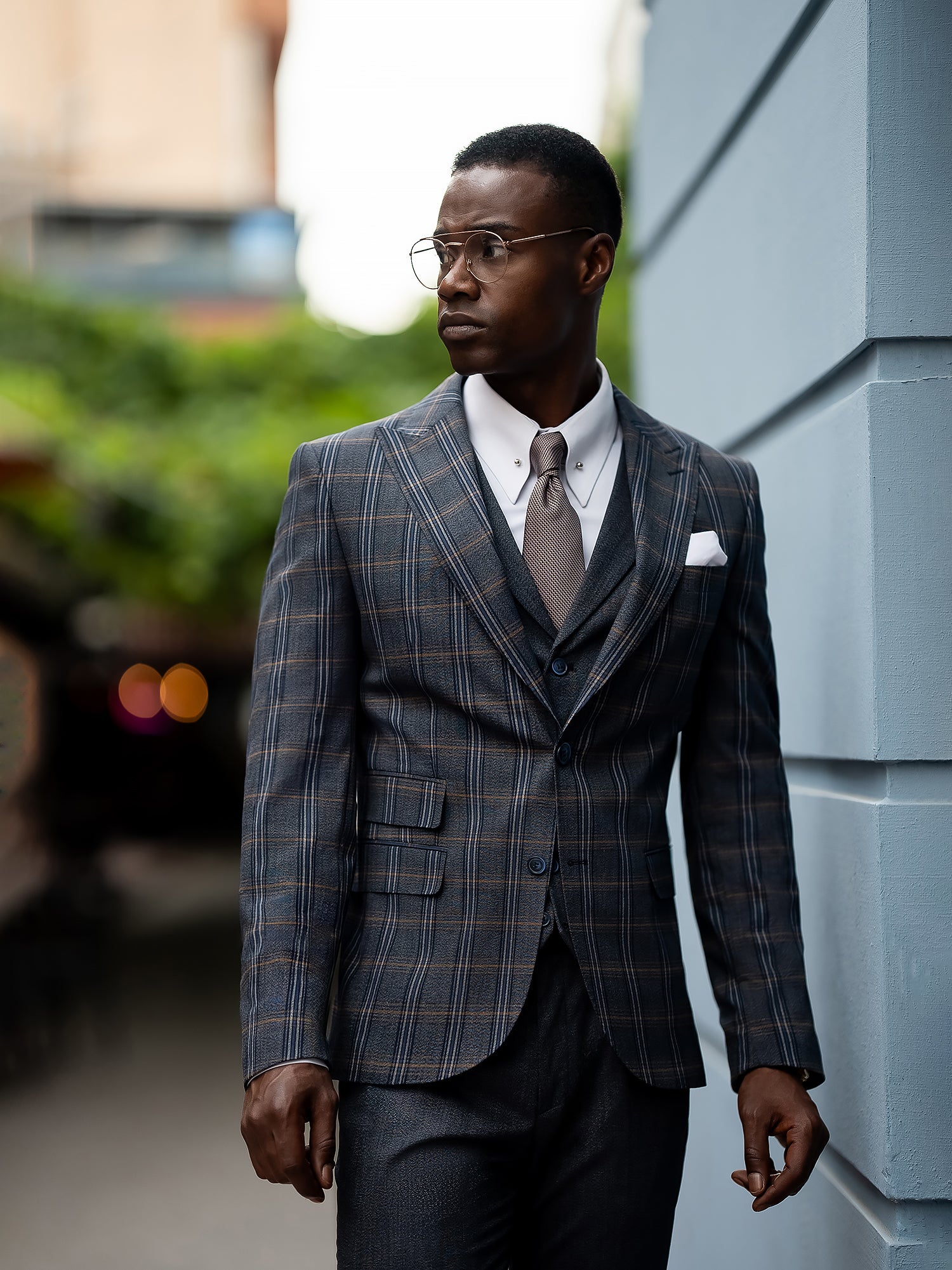 Navy Plaid Slim-Fit Suit 3-Piece