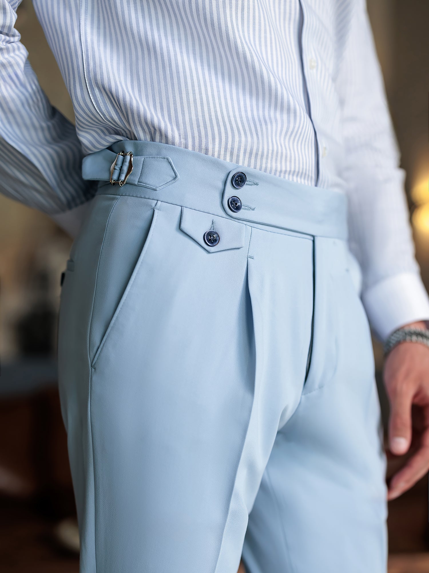 London Sky-Blue High Waist Slim-Fit Pants