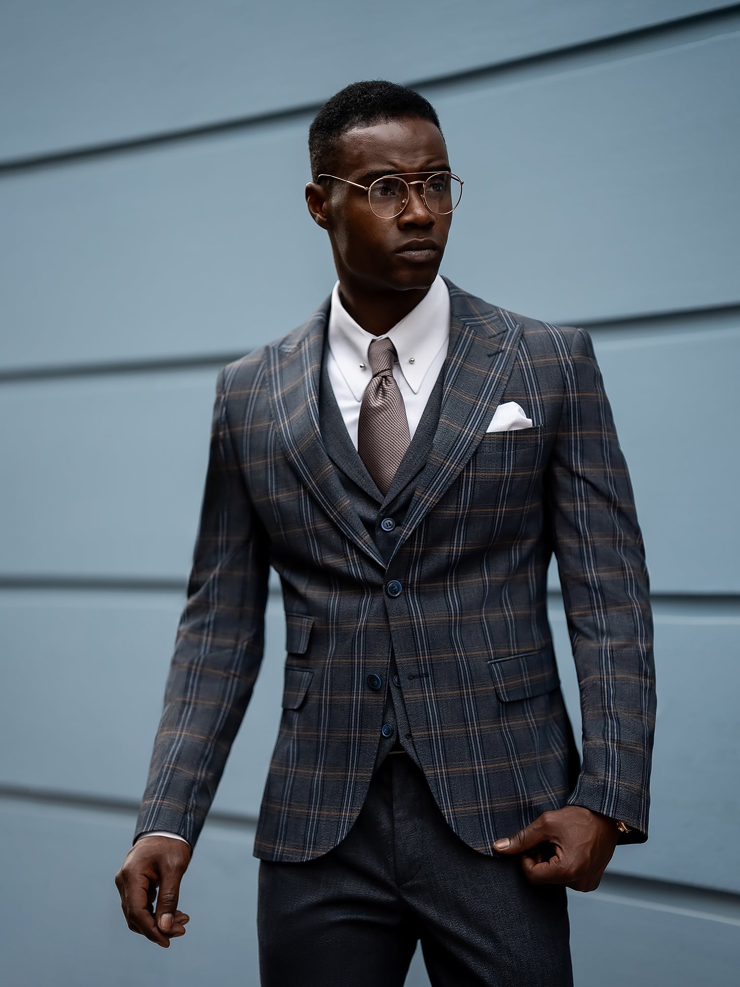 Navy Plaid Slim-Fit Suit 3-Piece