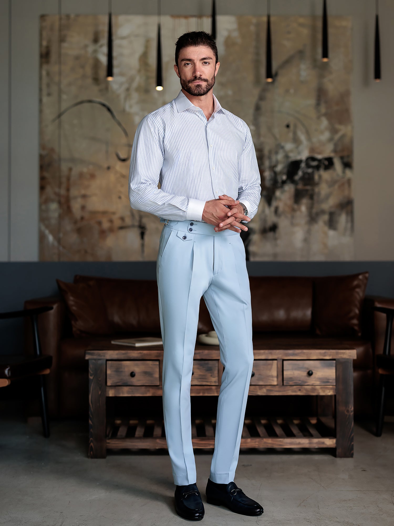 London Sky-Blue High Waist Slim-Fit Pants