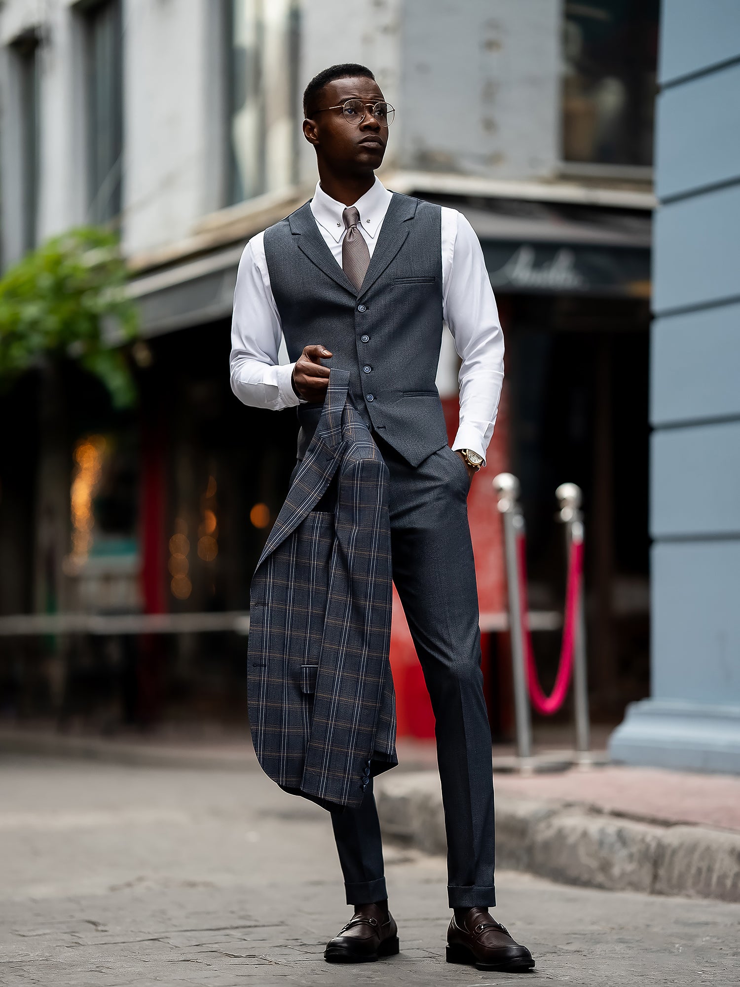 Navy Plaid Slim-Fit Suit 3-Piece