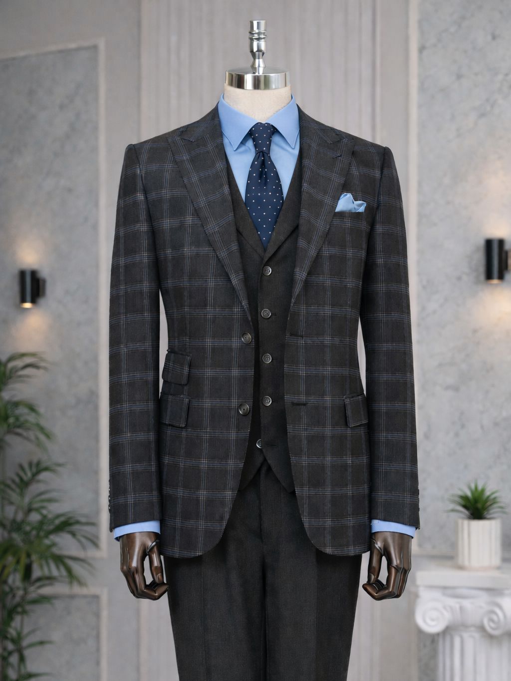 Dark Navy Plaid Slim-Fit Suit 3-Piece