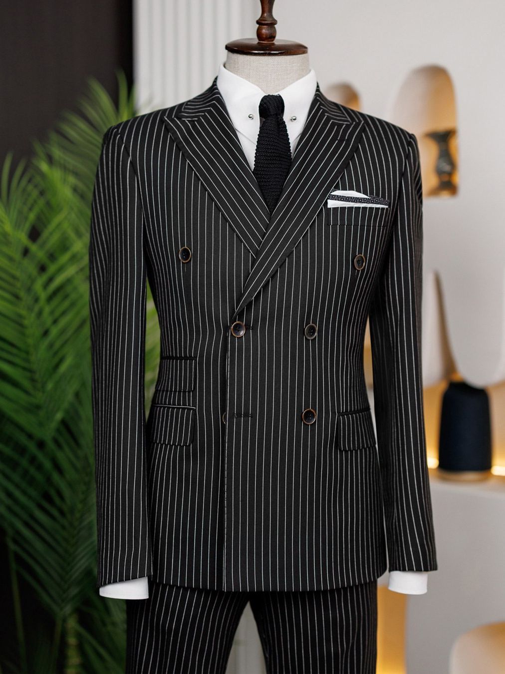 Black Striped Double Breasted Suit 2-Piece