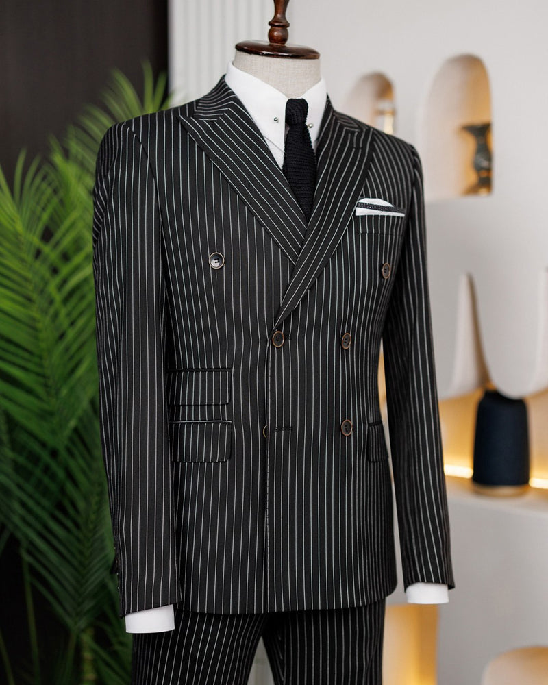 Black Striped Double Breasted Suit 2-Piece